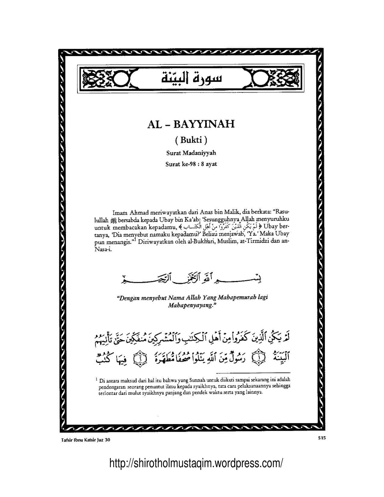 Tafsir Ibnu Katsir Surat Al Bayyinah