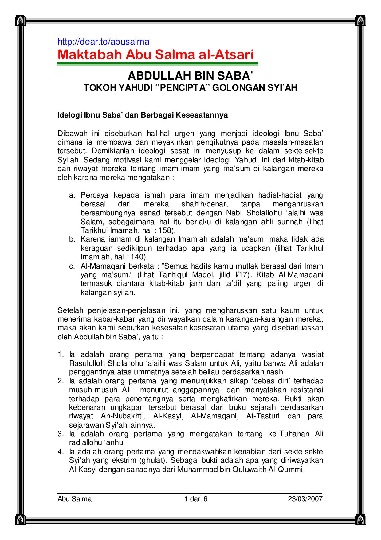 Abdullah bin Saba Tokoh Yahudi Pencipta Agama Syiah