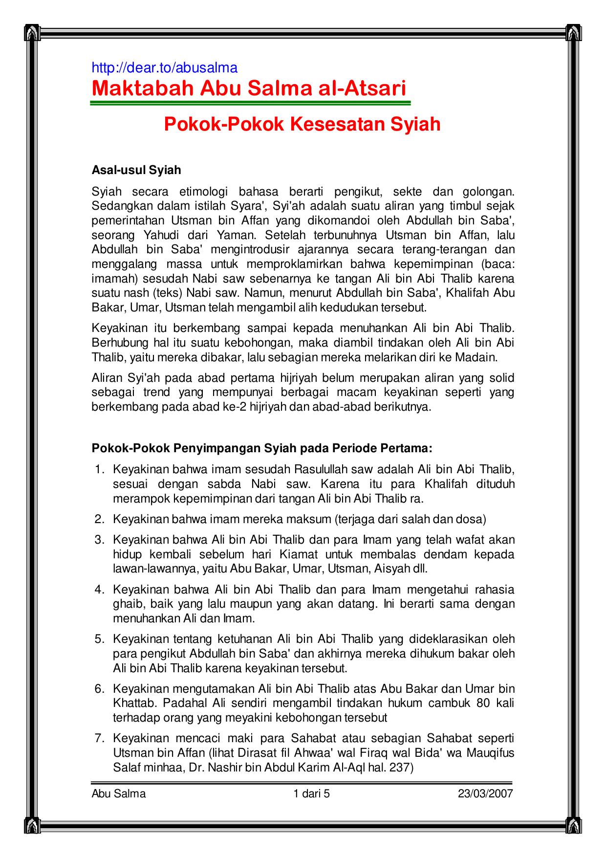 Pokok-Pokok Kesesatan Syiah