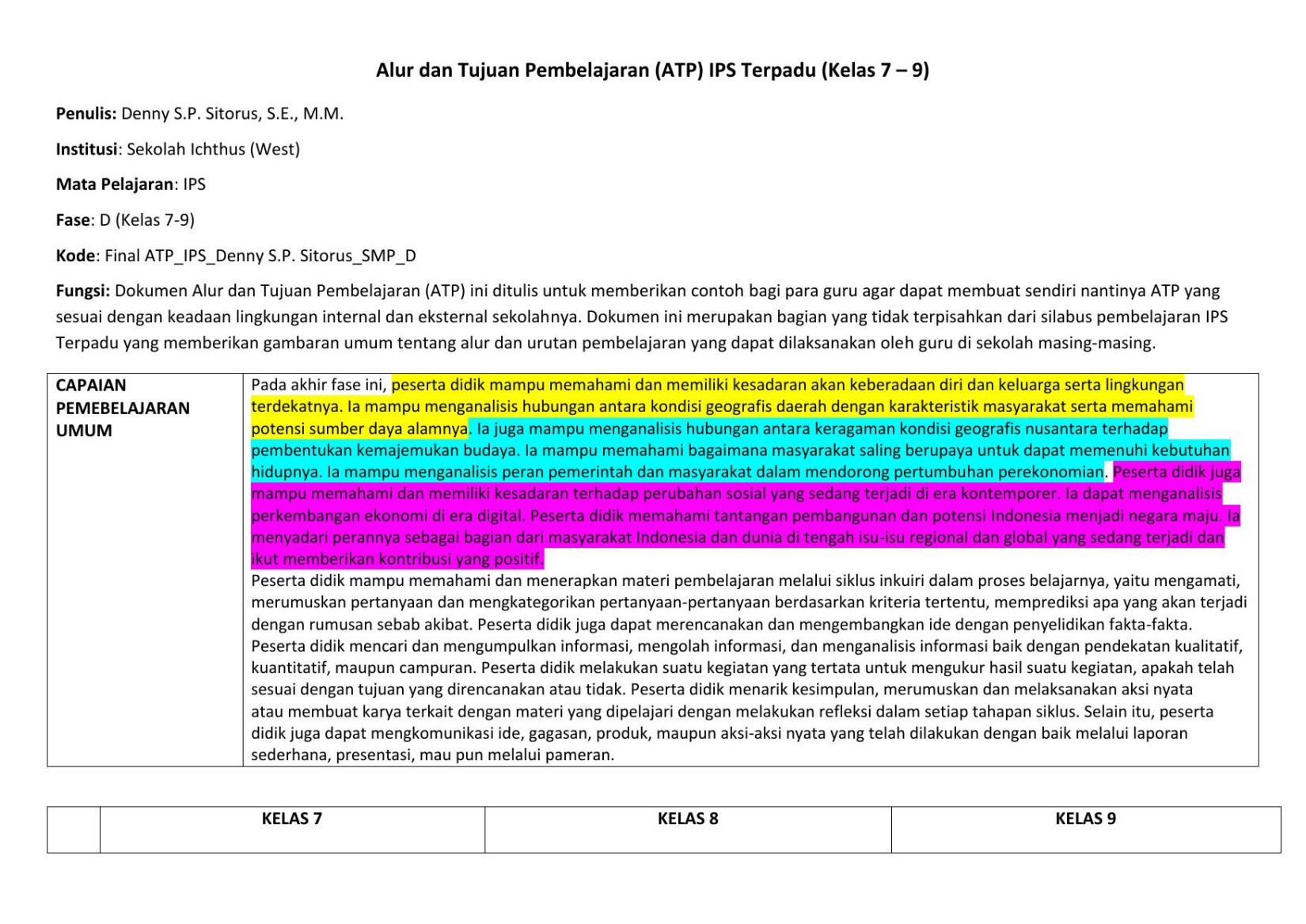 Alur dan Tujuan Pembelajaran IPS Terpadu Kelas 7-9 Revisi 24 Mar 2021 Denny S.P. Sitorus