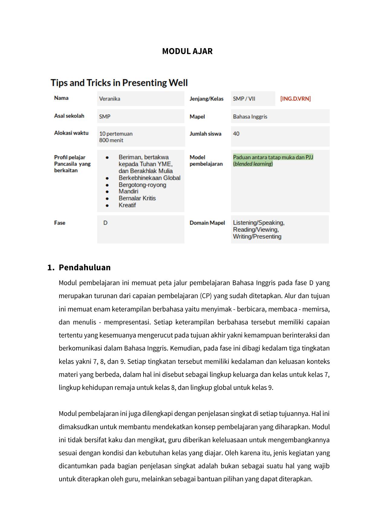Modul Ajar Bahasa Inggris - Tips and Tricks In Presenting Well