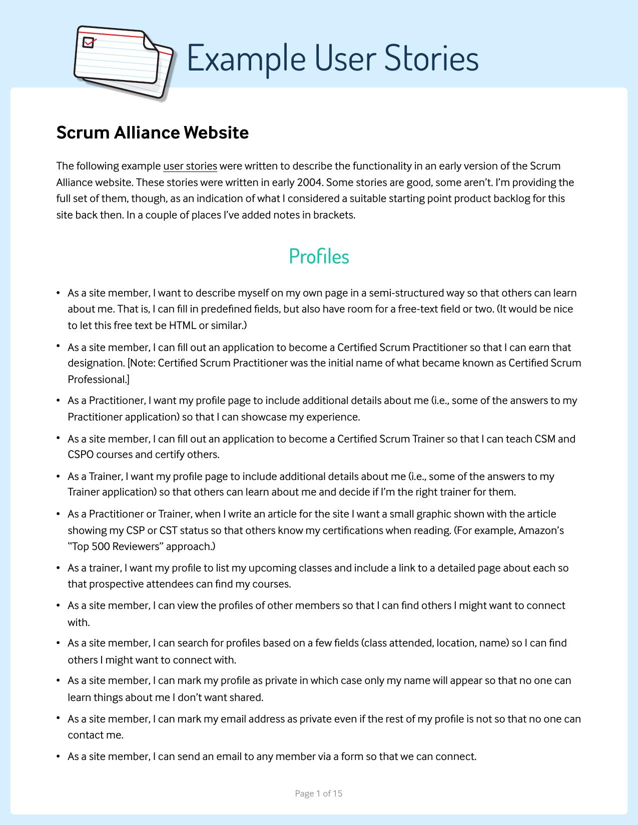 Example User Stories