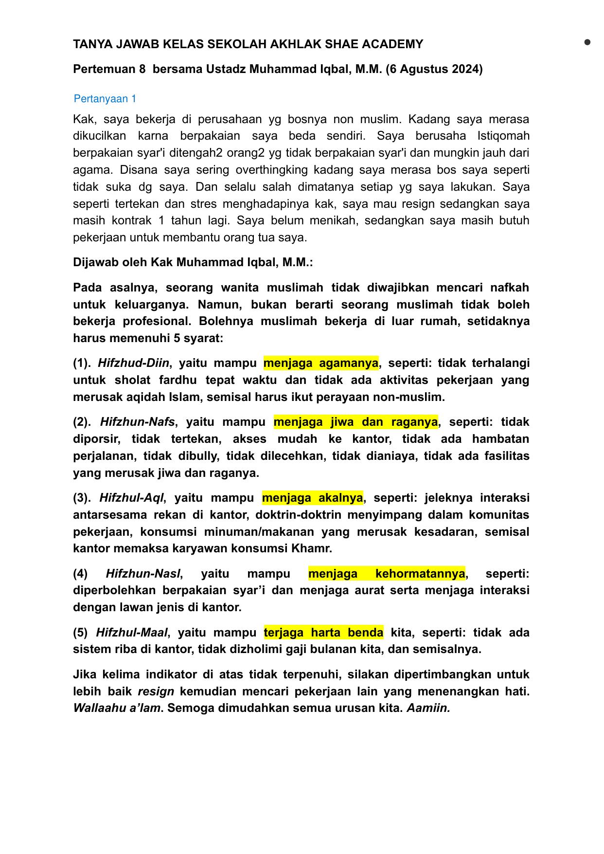 TANYA JAWAB KELAS SEKOLAH AKHLAK SHAE ACADEMY